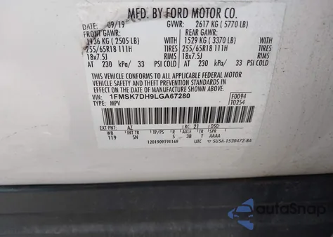 2020 Ford Explorer Xlt z USA, uszkodzony, nr VIN 1FMSK7DH9LGA67280